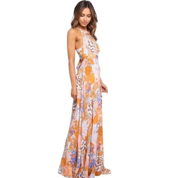 Orange Boho Floral Backless Lace up Sleeveless Maxi Dress w/Pockets! - Picture 6 of 15